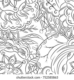 Seamless mehndi vector pattern. Hand-made illustration. Black and white binary pattern, monochrome doodle texture.