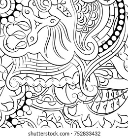 Seamless mehndi vector pattern. Hand-made illustration. Black and white binary pattern, monochrome doodle texture.