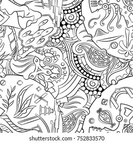 Seamless mehndi vector pattern. Hand-made illustration. Black and white binary pattern, monochrome doodle texture.