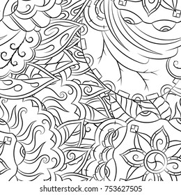Seamless mehndi vector pattern. Hand-made illustration. Black and white binary pattern, monochrome doodle texture.