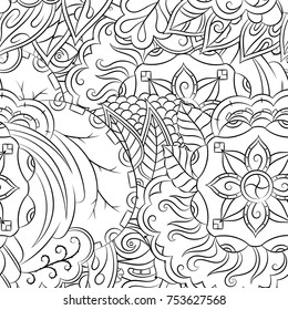Seamless mehndi vector pattern. Hand-made illustration. Black and white binary pattern, monochrome doodle texture.