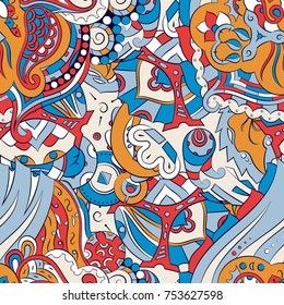 Seamless mehndi vector pattern. Hand-made ethnic illustration. Colorful doodle texture.