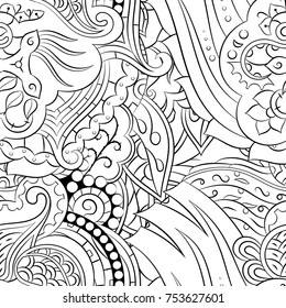 Seamless mehndi vector pattern. Hand-made illustration. Black and white binary pattern, monochrome doodle texture.