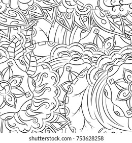 Seamless mehndi vector pattern. Hand-made illustration. Black and white binary pattern, monochrome doodle texture.