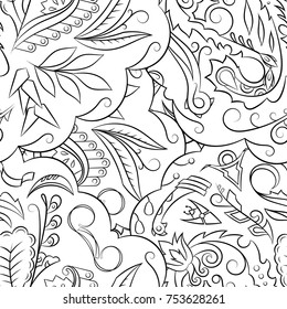 Seamless mehndi vector pattern. Hand-made illustration. Black and white binary pattern, monochrome doodle texture.