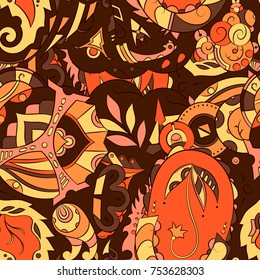 Seamless mehndi vector pattern. Hand-made ethnic illustration. Colorful doodle texture.