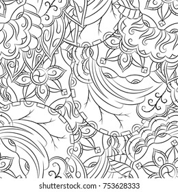 Seamless mehndi vector pattern. Hand-made illustration. Black and white binary pattern, monochrome doodle texture.