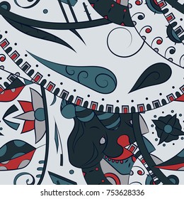 Seamless mehndi vector pattern. Hand-made ethnic illustration. Colorful doodle texture.