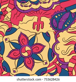 Seamless mehndi vector pattern. Hand-made ethnic illustration. Colorful doodle texture.