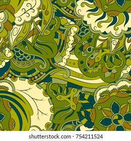 Seamless mehndi vector pattern. Hand-made ethnic illustration. Colorful doodle texture.