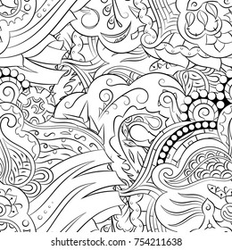 Seamless mehndi vector pattern. Hand-made illustration. Black and white binary pattern, monochrome doodle texture.