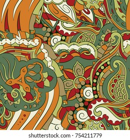 Seamless mehndi vector pattern. Hand-made ethnic illustration. Colorful doodle texture.