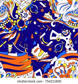 Seamless mehndi vector pattern. Hand-made ethnic illustration. Colorful doodle texture.