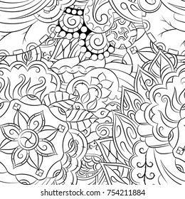 Seamless mehndi vector pattern. Hand-made illustration. Black and white binary pattern, monochrome doodle texture.