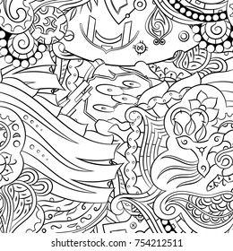 Seamless mehndi vector pattern. Hand-made illustration. Black and white binary pattern, monochrome doodle texture.