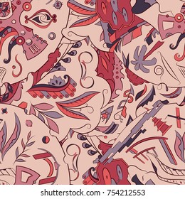 Seamless mehndi vector pattern. Hand-made ethnic illustration. Colorful doodle texture.