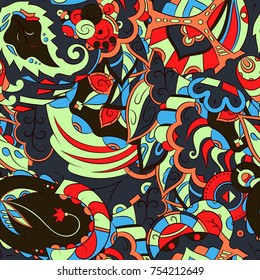 Seamless mehndi vector pattern. Hand-made ethnic illustration. Colorful doodle texture.