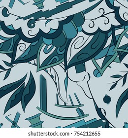 Seamless mehndi vector pattern. Hand-made ethnic illustration. Colorful doodle texture.