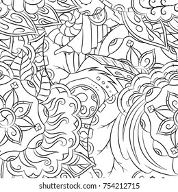 Seamless mehndi vector pattern. Hand-made illustration. Black and white binary pattern, monochrome doodle texture.