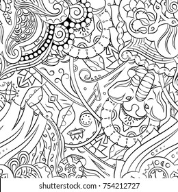 Seamless mehndi vector pattern. Hand-made illustration. Black and white binary pattern, monochrome doodle texture.