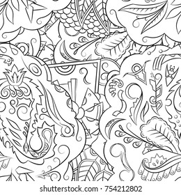 Seamless mehndi vector pattern. Hand-made illustration. Black and white binary pattern, monochrome doodle texture.