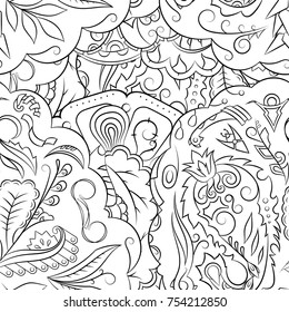 Seamless mehndi vector pattern. Hand-made illustration. Black and white binary pattern, monochrome doodle texture.