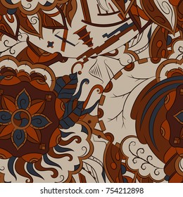 Seamless mehndi vector pattern. Hand-made ethnic illustration. Colorful doodle texture.