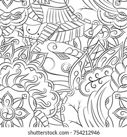 Seamless mehndi vector pattern. Hand-made illustration. Black and white binary pattern, monochrome doodle texture.