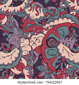 Seamless mehndi vector pattern. Hand-made ethnic illustration. Colorful doodle texture.
