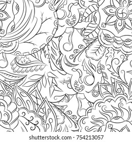 Seamless mehndi vector pattern. Hand-made illustration. Black and white binary pattern, monochrome doodle texture.