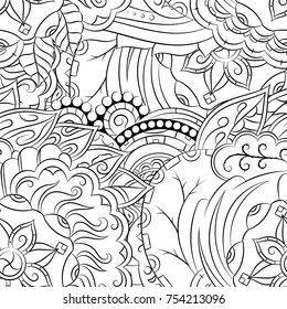 Seamless mehndi vector pattern. Hand-made illustration. Black and white binary pattern, monochrome doodle texture.