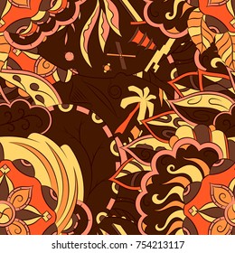 Seamless mehndi vector pattern. Hand-made ethnic illustration. Colorful doodle texture.