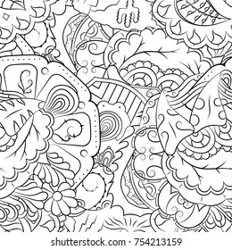 Seamless mehndi vector pattern. Hand-made illustration. Black and white binary pattern, monochrome doodle texture.