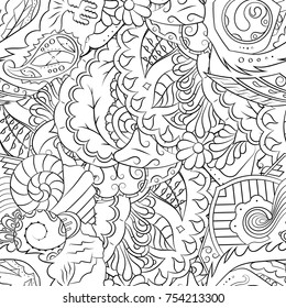 Seamless mehndi vector pattern. Hand-made illustration. Black and white binary pattern, monochrome doodle texture.