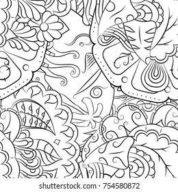 Seamless mehndi vector pattern. Hand-made illustration. Black and white binary pattern, monochrome doodle texture.