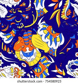 Seamless mehndi vector pattern. Hand-made ethnic illustration. Colorful doodle texture.