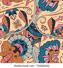 Seamless mehndi vector pattern. Hand-made ethnic illustration. Colorful doodle texture.