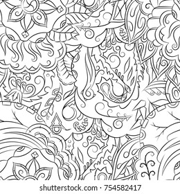 Seamless mehndi vector pattern. Hand-made illustration. Black and white binary pattern, monochrome doodle texture.