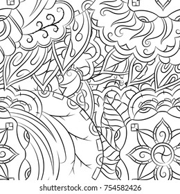 Seamless mehndi vector pattern. Hand-made illustration. Black and white binary pattern, monochrome doodle texture.