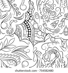 Seamless mehndi vector pattern. Hand-made illustration. Black and white binary pattern, monochrome doodle texture.