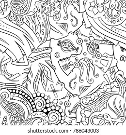 Seamless mehndi vector pattern. Hand-made illustration. Black and white binary pattern, monochrome doodle texture.
