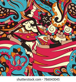 Seamless mehndi vector pattern. Hand-made ethnic illustration. Colorful doodle texture.