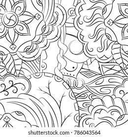 Seamless mehndi vector pattern. Hand-made illustration. Black and white binary pattern, monochrome doodle texture.
