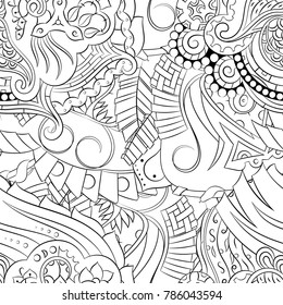 Seamless mehndi vector pattern. Hand-made illustration. Black and white binary pattern, monochrome doodle texture.