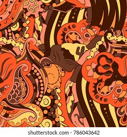 Seamless mehndi vector pattern. Hand-made ethnic illustration. Colorful doodle texture.