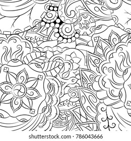 Seamless mehndi vector pattern. Hand-made illustration. Black and white binary pattern, monochrome doodle texture.