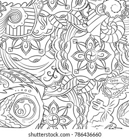 Seamless mehndi vector pattern. Hand-made illustration. Black and white binary pattern, monochrome doodle texture.