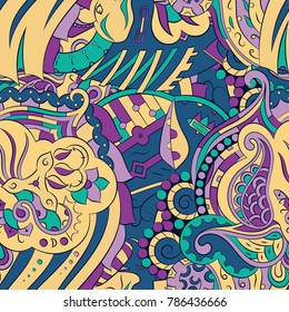 Seamless mehndi vector pattern. Hand-made ethnic illustration. Colorful doodle texture.
