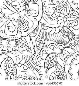 Seamless mehndi vector pattern. Hand-made illustration. Black and white binary pattern, monochrome doodle texture.