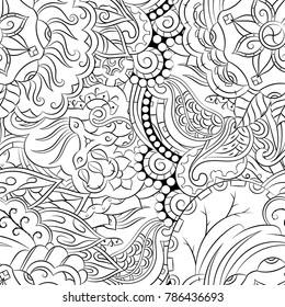 Seamless mehndi vector pattern. Hand-made illustration. Black and white binary pattern, monochrome doodle texture.